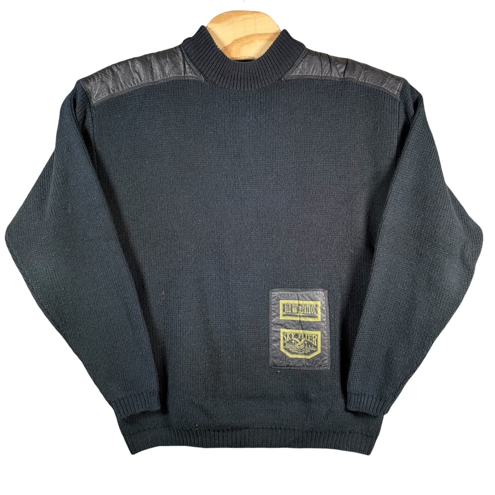 Bugle Boy Sky Flier Knit Sweater‎ Mens Large Black Leather Trim Military Vintage